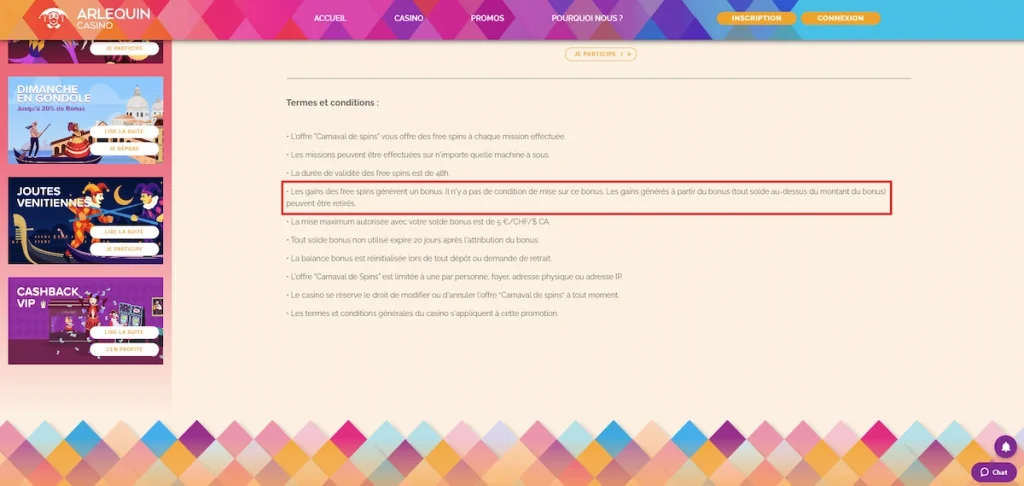 arlequin casino condition bonus